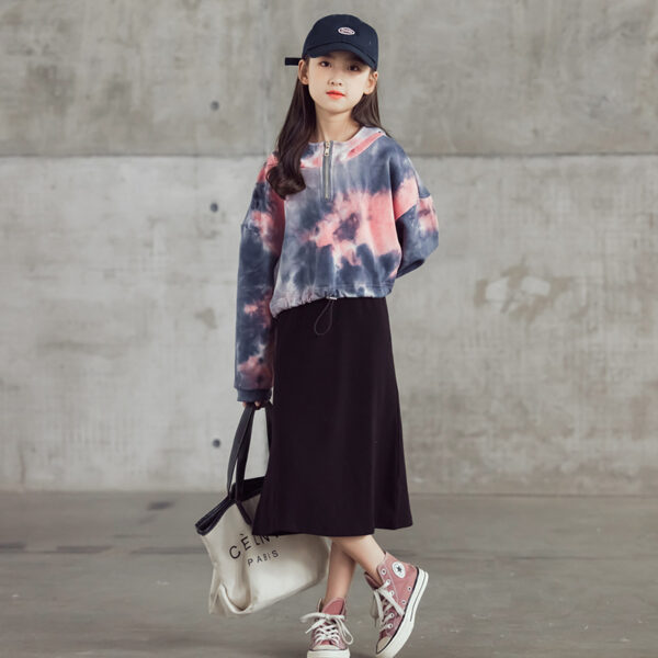 Tie-dye Short Hooded Top And Black Long Skirt Two-piece Suit - Image 5
