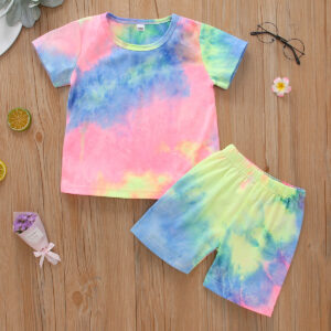 Tie-Dye Print Round Collar T-Shirt and Shorts Set for Kids