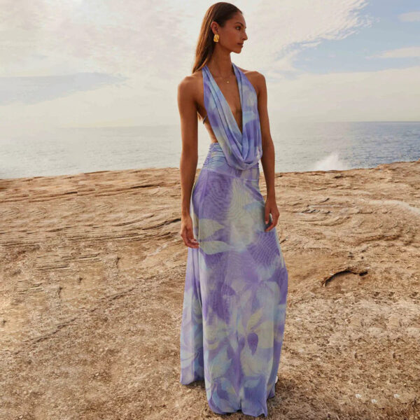 2pcs Tie Dye Printing Deep V-neck Suits Fashion Halter Backless Long Dresses For Beach Party Womens Clothing - Image 5