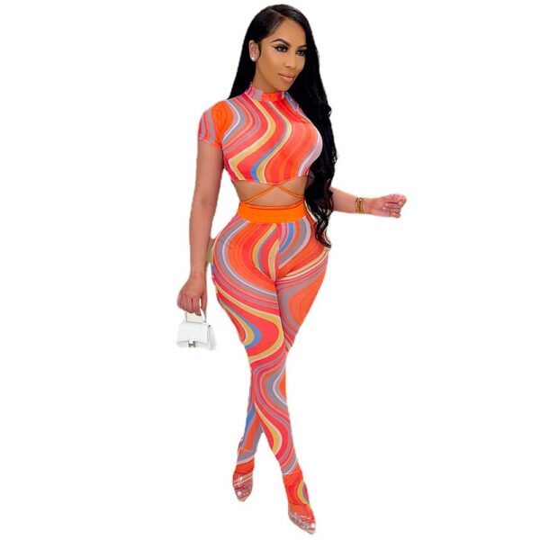 Printed Lace Up Body Stocking Casual Suit Tie-dye Waist Tether Short Sleeve Mesh Pantyhose - Image 4