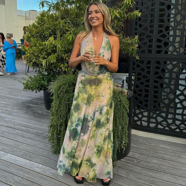 2pcs Tie Dye Printing Deep V-neck Suits Fashion Halter Backless Long Dresses For Beach Party Womens Clothing - Image 8