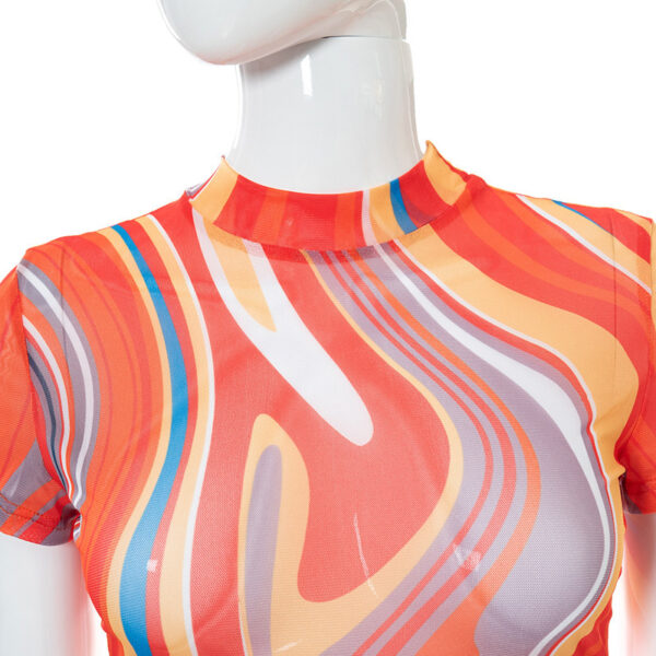 Printed Lace Up Body Stocking Casual Suit Tie-dye Waist Tether Short Sleeve Mesh Pantyhose - Image 10