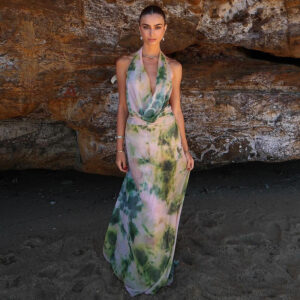 2pcs Tie Dye Halter Backless Long Dress Set – Beach Party Vibes