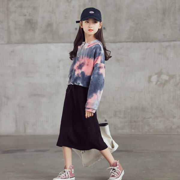 Tie-dye Short Hooded Top And Black Long Skirt Two-piece Suit - Image 4