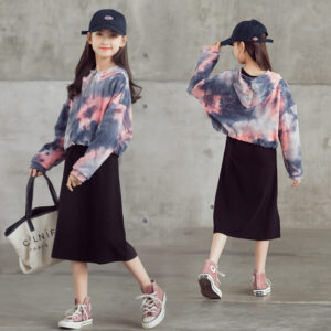 Tie-Dye Short Hooded Top & Black Long Skirt – Two-Piece Set (Kids/Teens)