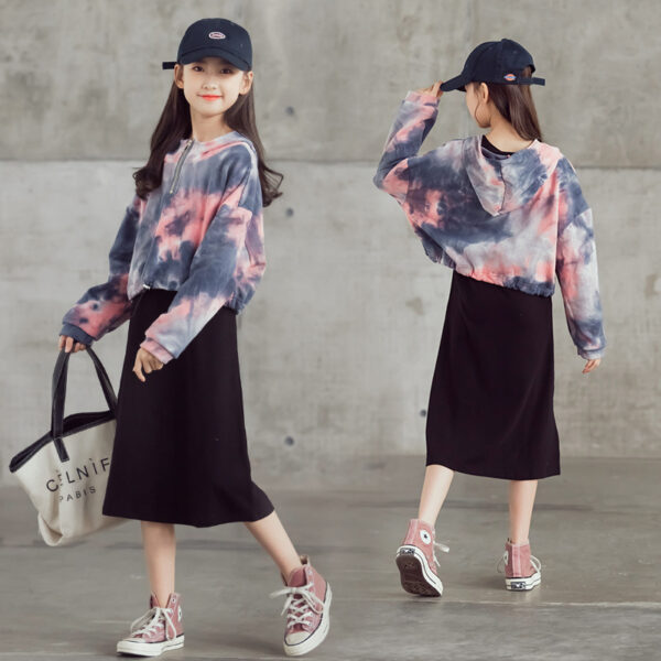 Tie-dye Short Hooded Top And Black Long Skirt Two-piece Suit