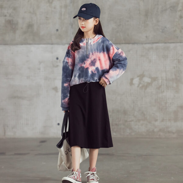 Tie-dye Short Hooded Top And Black Long Skirt Two-piece Suit - Image 3