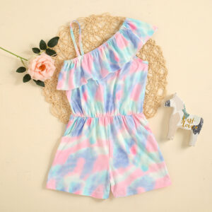 Girl’s Tie-Dye One-Shoulder Ruffled Sling Shorts Romper