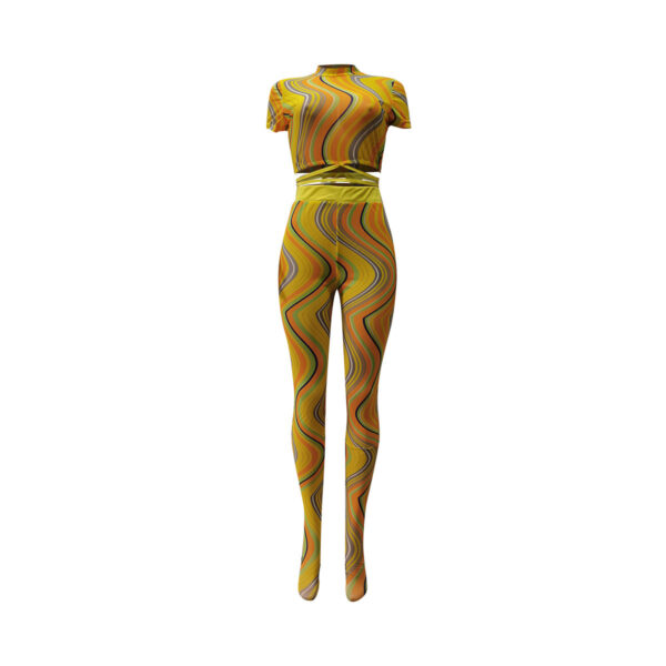 Printed Lace Up Body Stocking Casual Suit Tie-dye Waist Tether Short Sleeve Mesh Pantyhose - Image 3