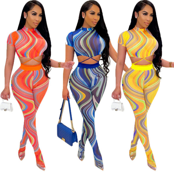 Printed Lace Up Body Stocking Casual Suit Tie-dye Waist Tether Short Sleeve Mesh Pantyhose - Image 9