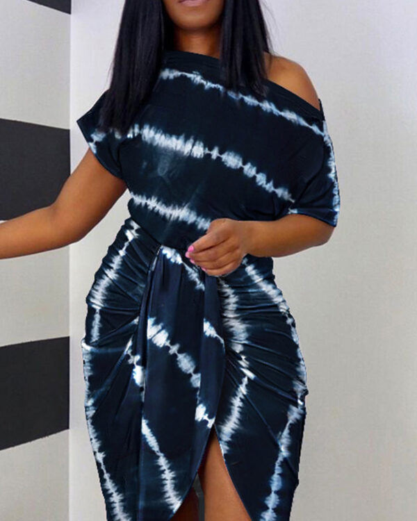European And American Women's Slanted Shoulder Tie-dye Pleated Dress - Image 2