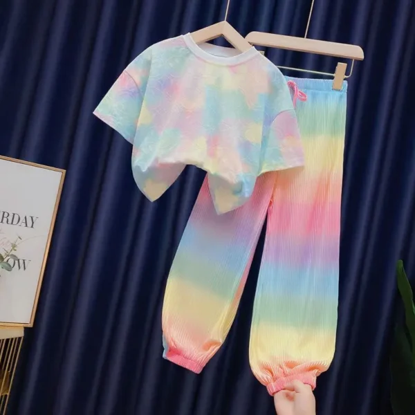 New Fashion Ice Silk Rainbow Gradient Color Loose 2pcs T-shirts+pants Girls 2024 Summer Suits 3-12 Years Kids Tie-dyed Clothing