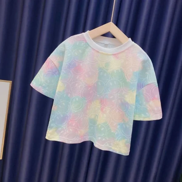 New Fashion Ice Silk Rainbow Gradient Color Loose 2pcs T-shirts+pants Girls 2024 Summer Suits 3-12 Years Kids Tie-dyed Clothing - Image 3