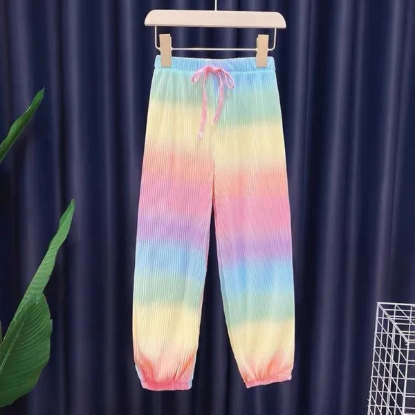 New Fashion Ice Silk Rainbow Gradient Color Loose 2pcs T-shirts+pants Girls 2024 Summer Suits 3-12 Years Kids Tie-dyed Clothing - Image 2