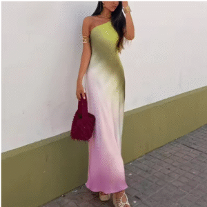 Tie Dye Long Dress Women Asymmetric Satin Backless Dress