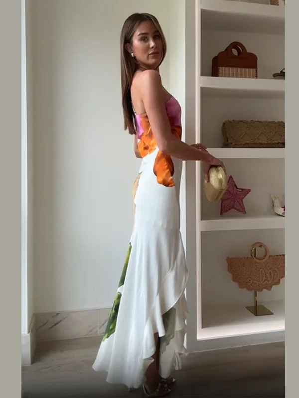 Elegant Floral Irregular Maxi Vestidos Women Sleeveless Skew Neck Off Shoulder Slim Dress 2025 New Summer Party High Street Wear - Image 6