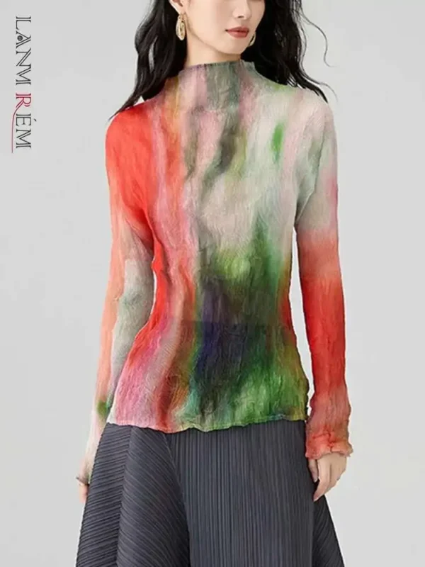LANMREM Pleated T-shirt Women Long Sleeve Light Base Shirt Fashion Gradient Personality Versatile Tops 2025 Spring Summer 2DE446