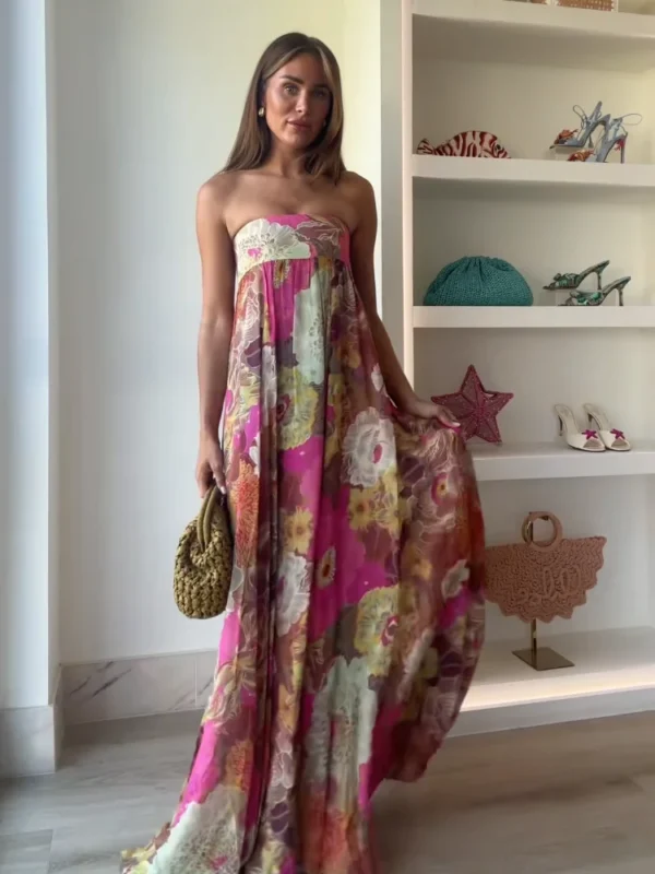 2025 Retro Printed Strapless Long Dress – Boho-Chic Beach Glam - Image 6
