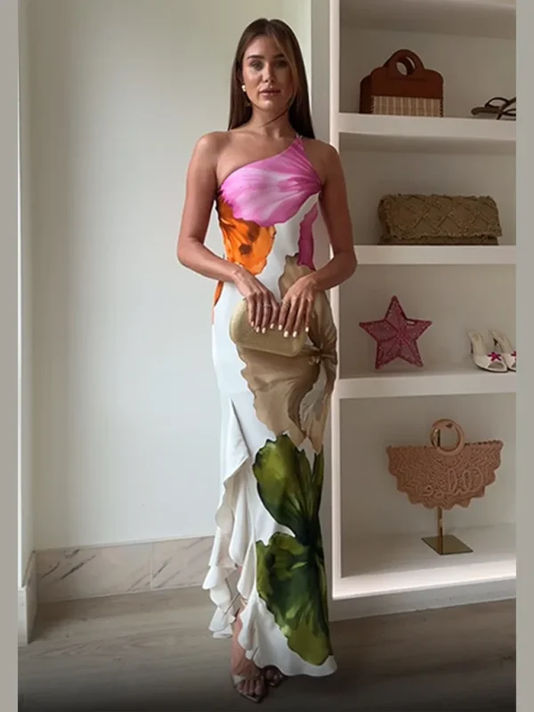 Elegant Floral Irregular Maxi Vestidos Women Sleeveless Skew Neck Off Shoulder Slim Dress 2025 New Summer Party High Street Wear - Image 3