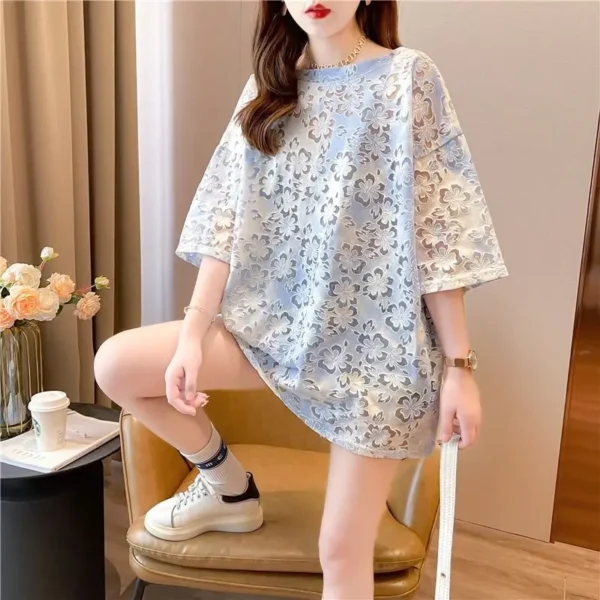 2023 New Summer Loose Fitting Casual Sexy Gauze Mesh High-end Backless Hollowed Out Mid Length Tie Dyed Short Sleeved T-shirt - Image 4
