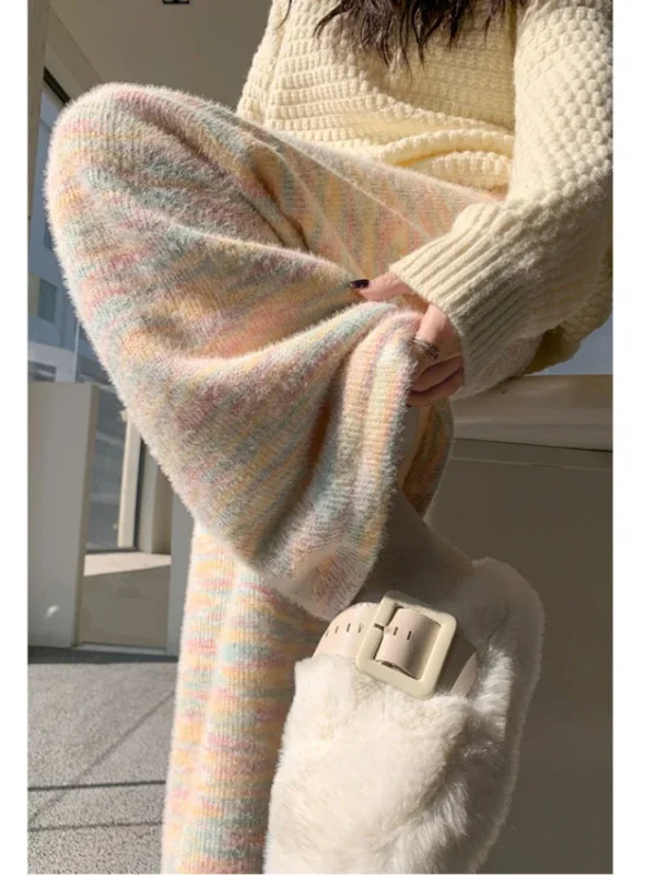 HOUZHOU Sweet Rainbow Tie-dye Women Pants Casual Kawaii Warm Knitted Trousers Baggy Cute Japanese Fashion Autumn Soft Sweatpants - Image 3