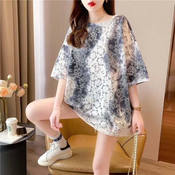2023 New Summer Loose Fitting Casual Sexy Gauze Mesh High-end Backless Hollowed Out Mid Length Tie Dyed Short Sleeved T-shirt