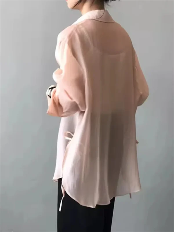 Chic Lightweight Pink Ice Silk Chiffon Shirt Women 2025 Summer Casual Sun Protection Tops Open Cardigan Side Slit Tie Outerwear - Image 2