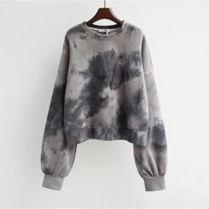 Women's Korean Street Style Tie-Dye Short Hoodie – O-Neck Lantern Sleeve Pullover (Spring/Autumn)