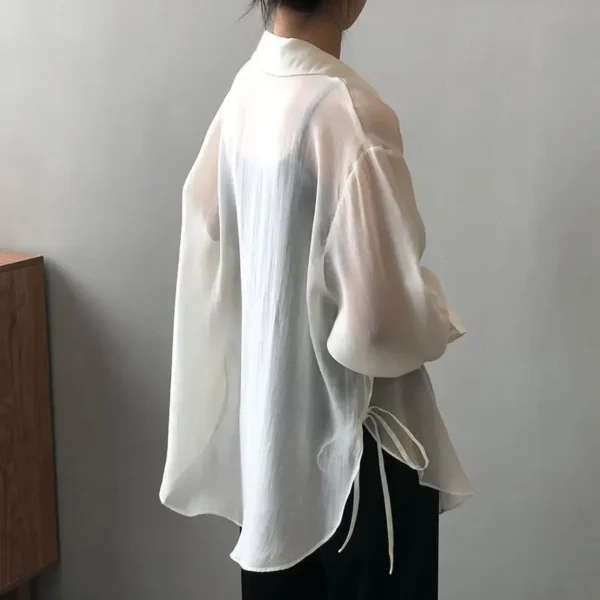 Chic Lightweight Pink Ice Silk Chiffon Shirt Women 2025 Summer Casual Sun Protection Tops Open Cardigan Side Slit Tie Outerwear - Image 6