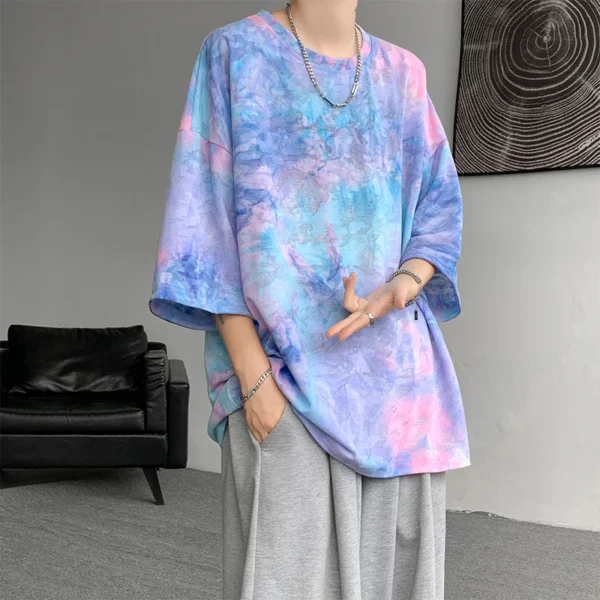 Y2k Tie-Dye T-shirt For Men Korean Streetwear 2025 Summer Short Sleeve Tee Tops O-neck Tshirts Oversized T-Shirt Couple Tees - Image 4