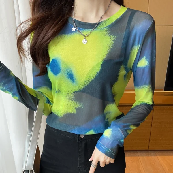 2024 New Design Women's T-shirts Semi-Transparent Long sleeved O Neck Stretch Single Layer Mesh T Shirt For Female - Image 3