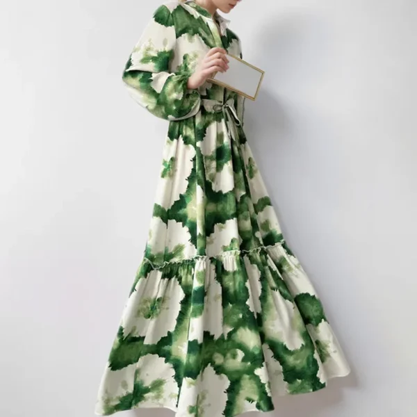 Autumn Elegant Women Maxi Dresses Fashion Print Long Sleeve V Neck Waist Adjustment Long Dress Commuting Female Party Vestido - Image 2