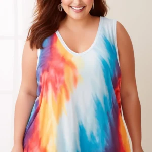 Plus Size Multicolor Tie-Dye Print V-Neck Tank Top – Everyday Comfort & Style
