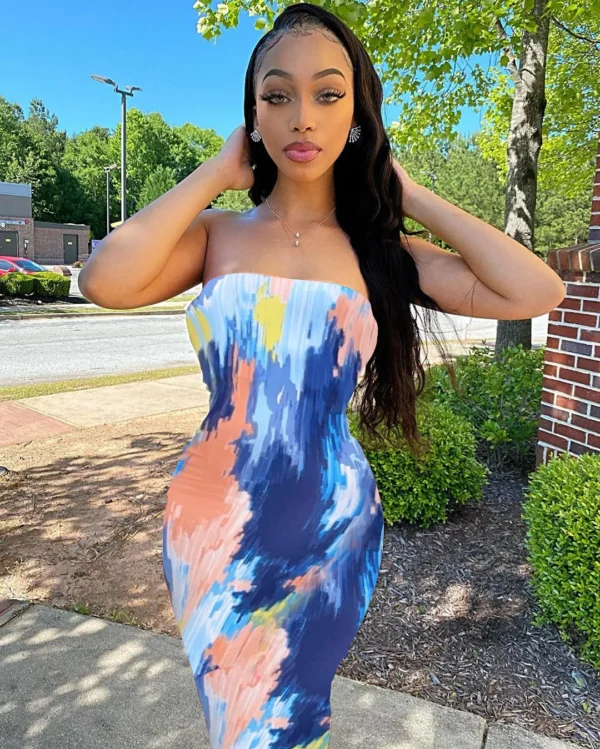 Spring/Summer Women's Colorful Tie Dye Print Off Shoulder Wrapped Chest Dress - Image 5