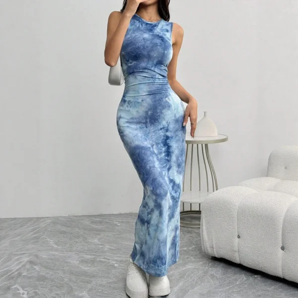 Mia Muse Women's Dresses Summer Elegant Decent 2025 Tie Dye Skinny Fit Sleeveless Round-Neck Wrap Maxi Wrap Party Dresses