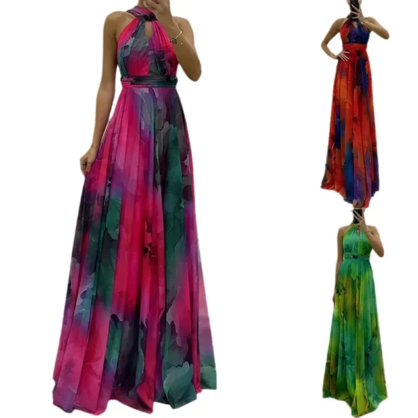 Vintage Pattern Printed Sleeveless Party Dress Casual High Waist Bohemian Dresses New Sexy Halter Hollow Out Women's Long Dress - Image 6