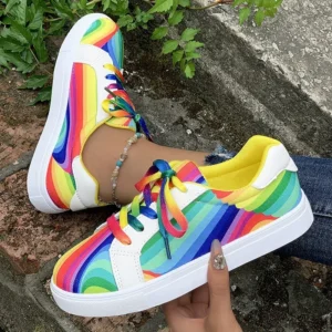 Rainbow Color Casual Lace-Up Sneakers – Women’s Platform Canvas Shoes