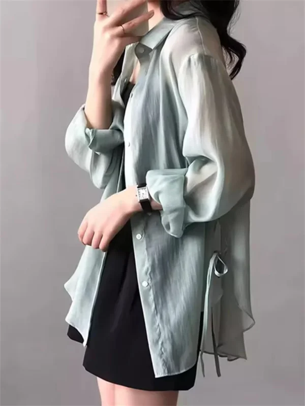 Chic Lightweight Pink Ice Silk Chiffon Shirt Women 2025 Summer Casual Sun Protection Tops Open Cardigan Side Slit Tie Outerwear - Image 4