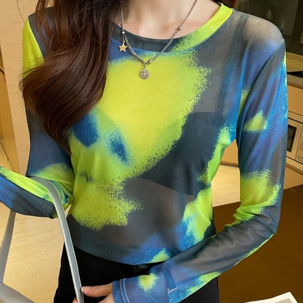 2024 New Design Women's T-shirts Semi-Transparent Long sleeved O Neck Stretch Single Layer Mesh T Shirt For Female - Image 2