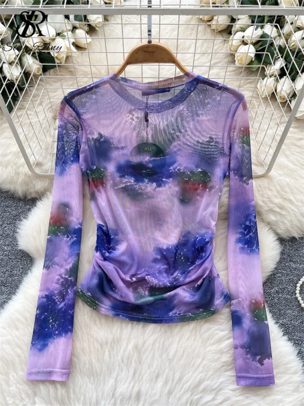 SINGREINY American Retro Tie Dye Blouse O Neck Long Sleeves Print Y2K Tops Summer Streetwear Hotsweet Thin Sheer Mesh T-Shirt - Image 6