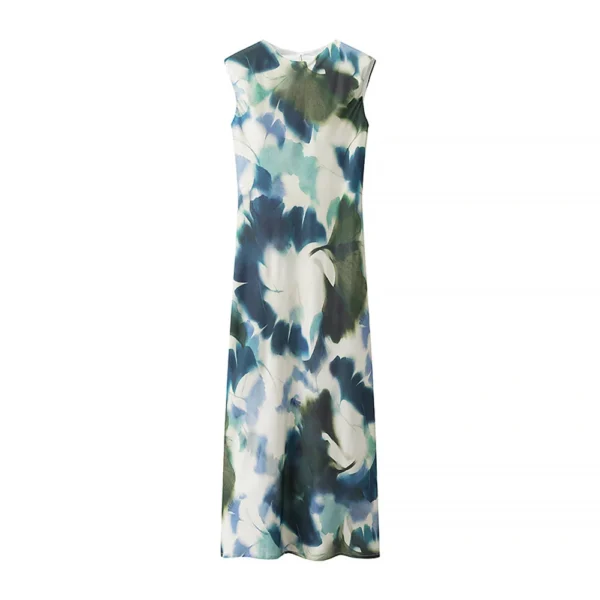 2025 Spring/Summer New Women's Fashion Style Retro Silk Texture Printed Slim Fit Midi Dress Sleeveless Long Dress