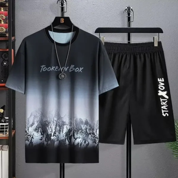 Ice Silk Men's Sportswear Set Quick Dry Casual Dyeing Short Sleeve T-Shirt Shorts Comfortable Lightweight Fashionable Outfit
