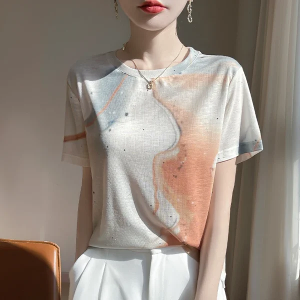 Summer Lady Lyocell Graffiti T-Shirt With Short Sleeves And Round Neck Ink-And-Wash Printed Top - Image 4