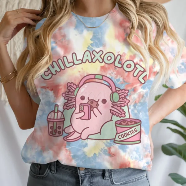 Cute Chilling Axolotl Funny T Shirts Women Kawaii Cartoon Animal Lover Summer Clothes Boba Tea Axolotl Fashion Short Sleeve Tee