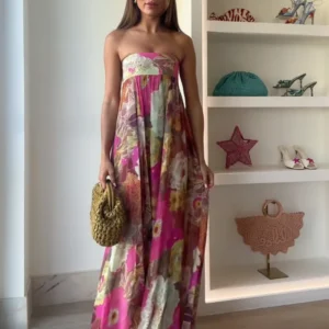 2025 Retro Printed Strapless Long Dress – Boho-Chic Beach Glam