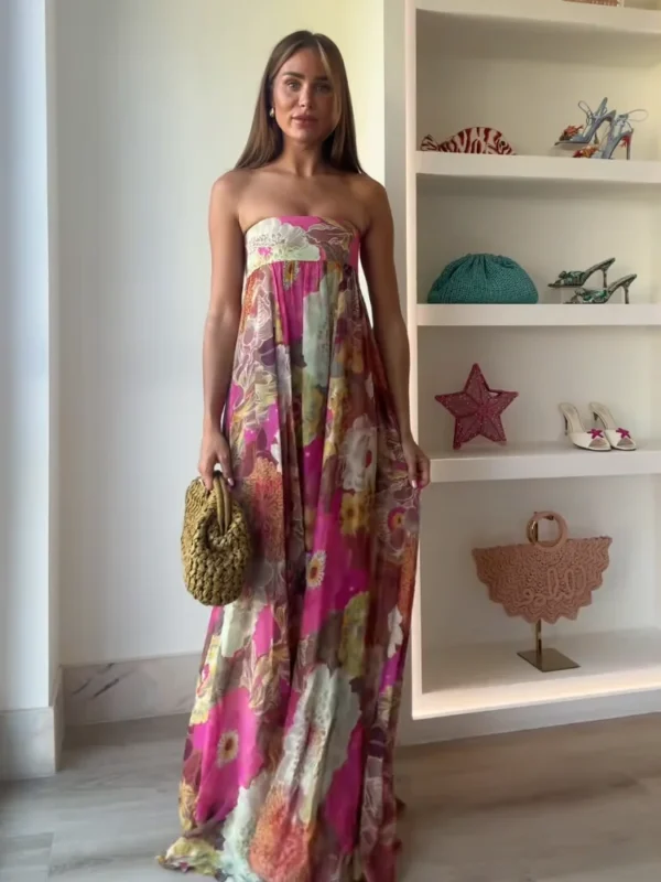 2025 Retro Printed Strapless Long Dress – Boho-Chic Beach Glam