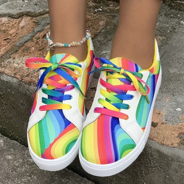 Rainbow Color Lace Up Sneakers Women Casual Non-Slip Platform Vulcanized Shoes Woman 2023 Autumn Flats Running Walking Shoes 43 - Image 3