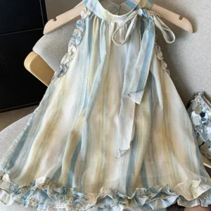 Tie Dye Halter Chiffon Tank – Vintage Elegant Bow, Sweet French Casual Retro Ruffles Top for Women