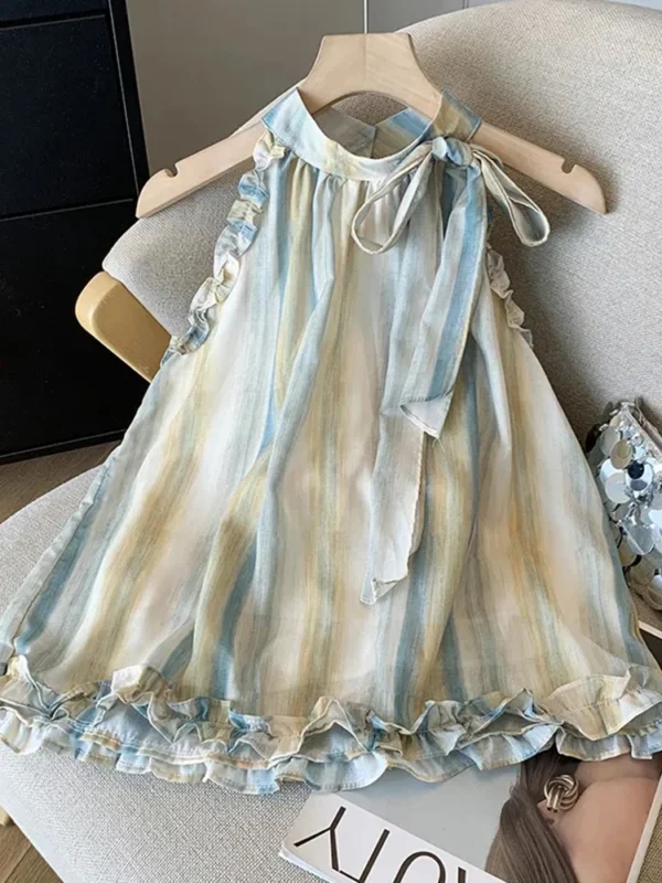 Tie Dye Halter Chiffon Tank – Vintage Elegant Bow, Sweet French Casual Retro Ruffles Top for Women