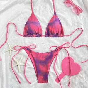 2025 Tie Dye Lace-Up Bikini Set – Sexy Halter Neck Swimwear for Women